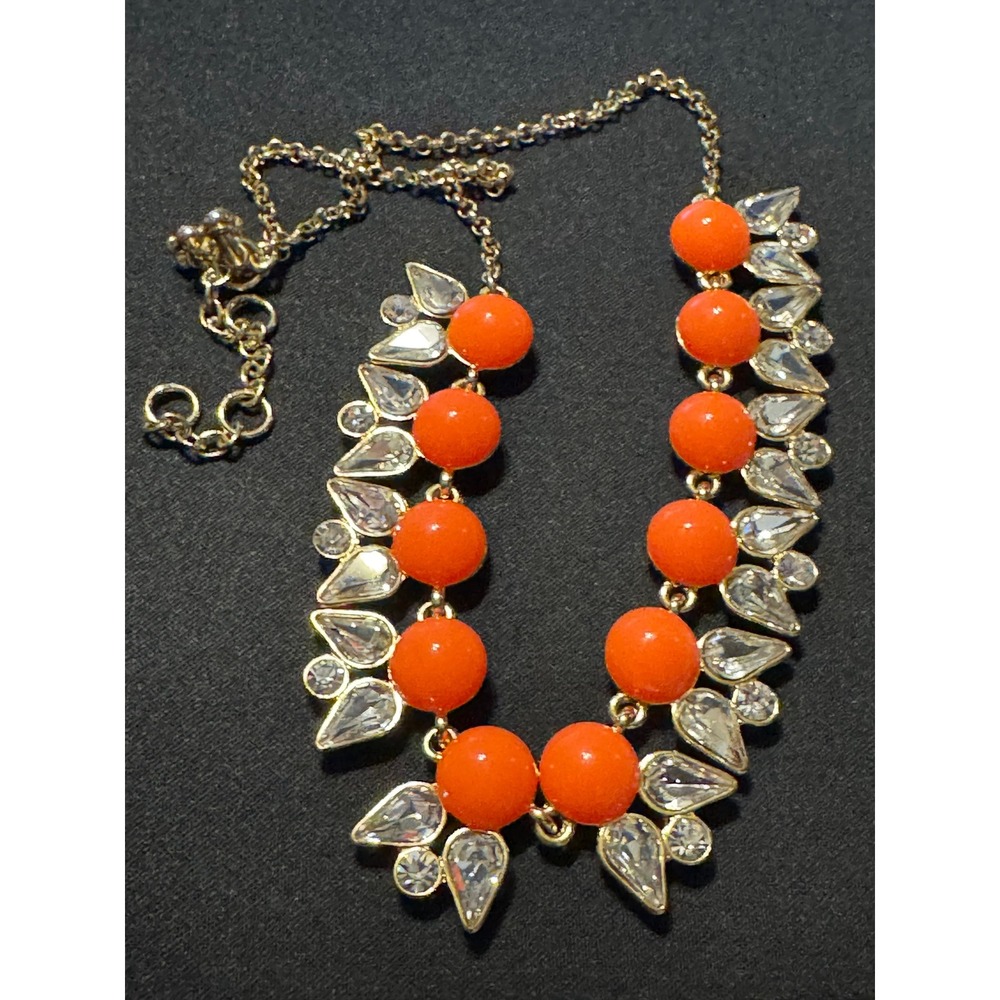 Vintage J Crew Statement Necklace Orange Cabochon Clear Crystal Gold Tone Bib